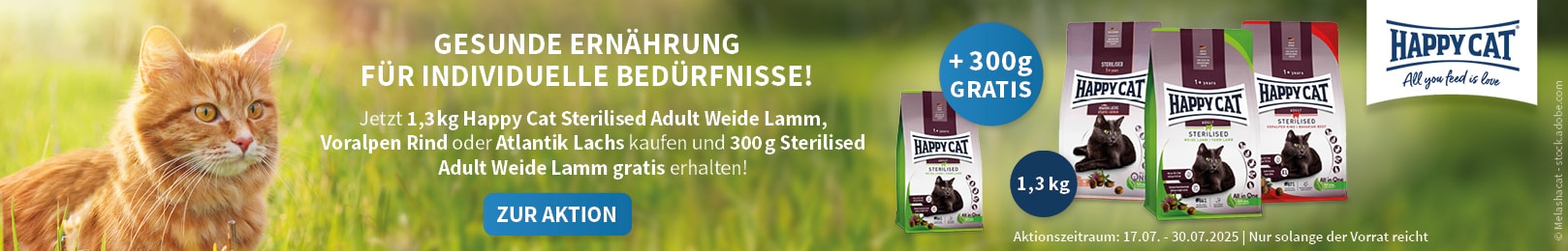 Happy Cat 1,3 kg Sterilised 3 Sorten + 300g Sterilised Adult Weide Lamm Gratis